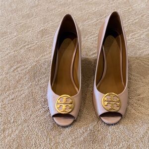 Tory Burch Blush Peep-Toe Heels with Gold Accent